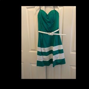 Bebe green fit and flare strapless dress XS
